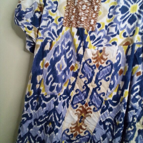 Cupio Blouse Women 2X Short Sleeve Soft Pattern Blue Brown Yellow - Picture 14 of 15